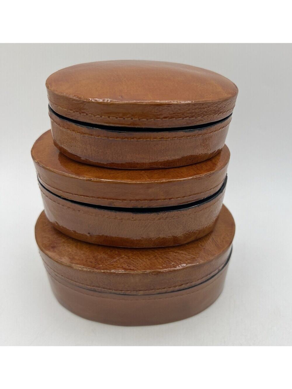Set 3 Brown Oval Lacquer Nesting Trinket Boxes 5.25" Box Works Handmade